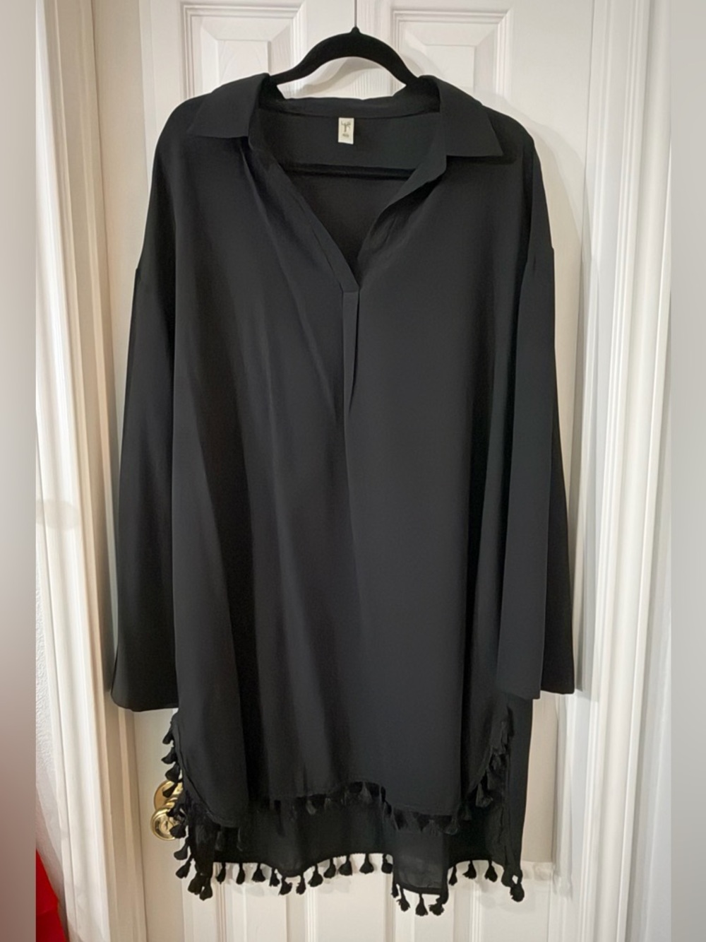 Black Tassel-Hem Swim Coverup Tunic